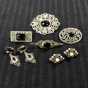 VINTAGE-STYLE silver jewelry lot - faux onyx pearl rhinestone 6 brooches earring
